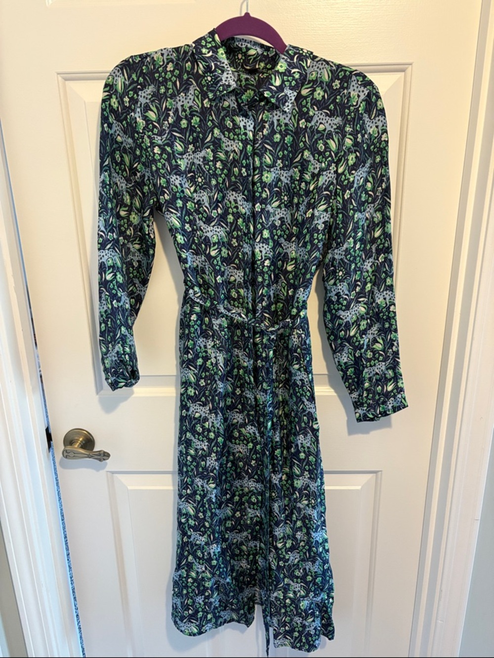 J. Crew Navy Floral Long-Sleeve Shirt Dress with Green Print